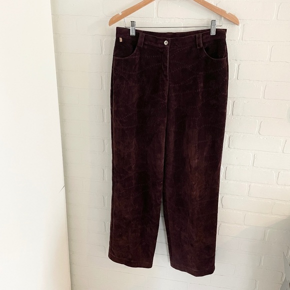 Vintage 90s Y2K Pants Faux Suede Vegan Embroidered Dark red Burgundy Plum Sz 11 - Picture 1 of 11